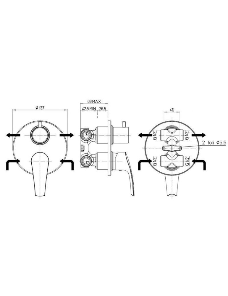 Miscelatore doccia incasso con deviatore rotativo a 2 uscite Paini Atomix 3.0