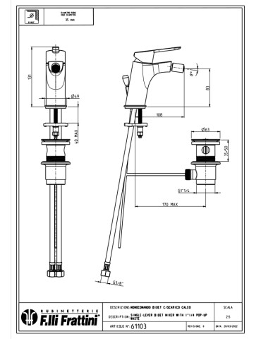 Frattini Monocomando Rubinetto Per Bidet Bagno Con Scarico 1”1/4 Caleo Cromato 2