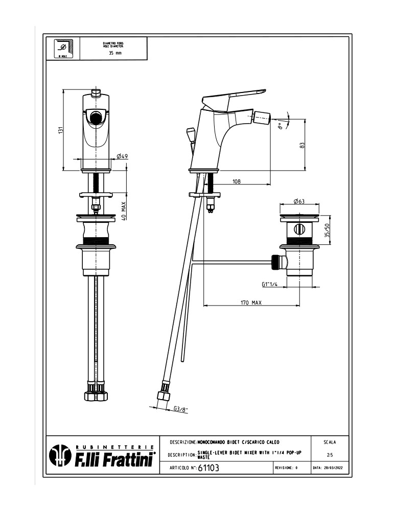 Frattini Monocomando Rubinetto Per Bidet Bagno Con Scarico 1”1/4 Caleo Cromato