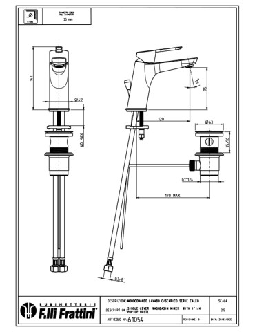 Frattini Monocomando Rubinetto Per Lavabo Bagno Con Scarico 1”1/4 Caleo Cromato 2
