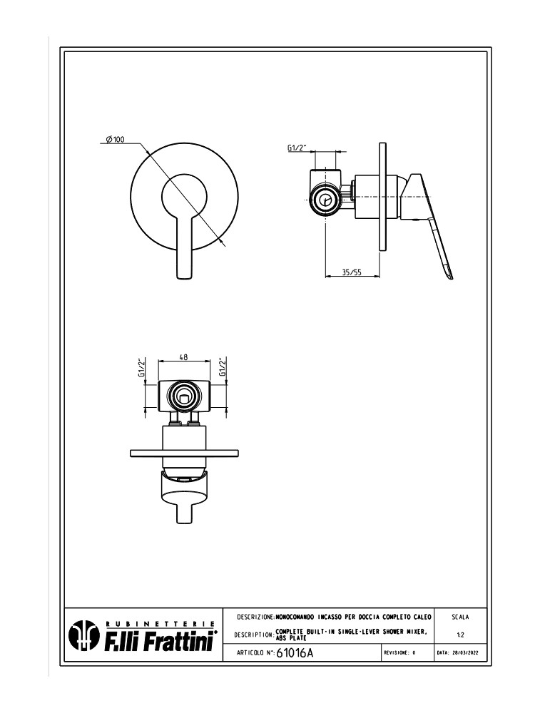 Frattini Monocomando Rubinetto Incasso Per Doccia Completo Bagno Piastra In Abs Caleo Cromato