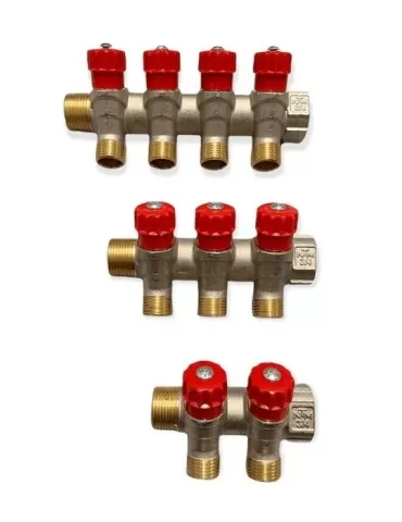 Collettore con rubinetti 3/4 a vitone 2-3-4 vie rosso CALDO – NTM 2