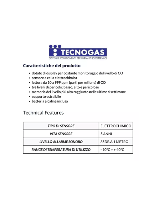Rivelatore portatile digitale monossido di carbonio Co Tecnogas