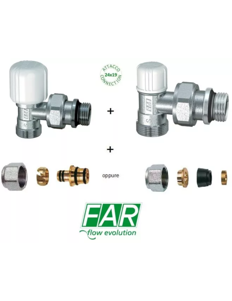 FAR Kit Valvola + Detentore a squadra da 3/8' con raccordi per tubo rame/multistrato