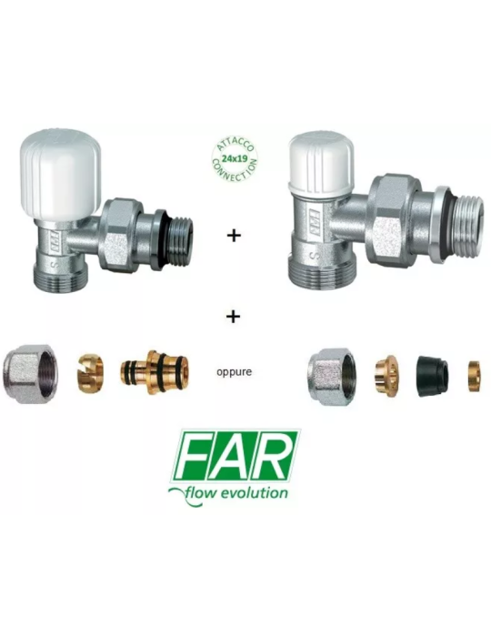 FAR Kit Valvola + Detentore a squadra da 3/8' con raccordi per tubo rame/multistrato
